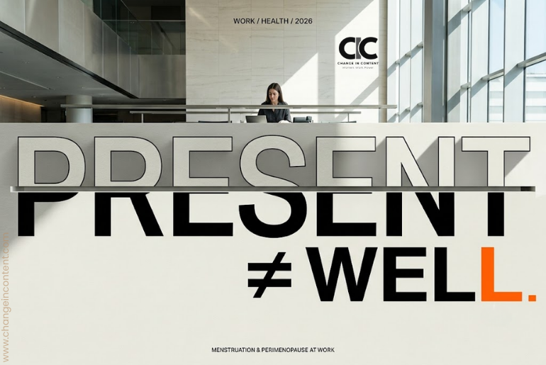 A woman working in a bright modern office beneath the words “Present ≠ Well”, illustrating how employees often continue working through menstrual and perimenopausal symptoms.