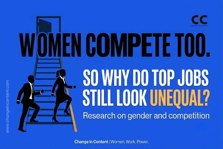 Banner showing a woman and a man equally advancing towards a senior workplace role, with bold text asking why top jobs still look unequal if women compete just as much.