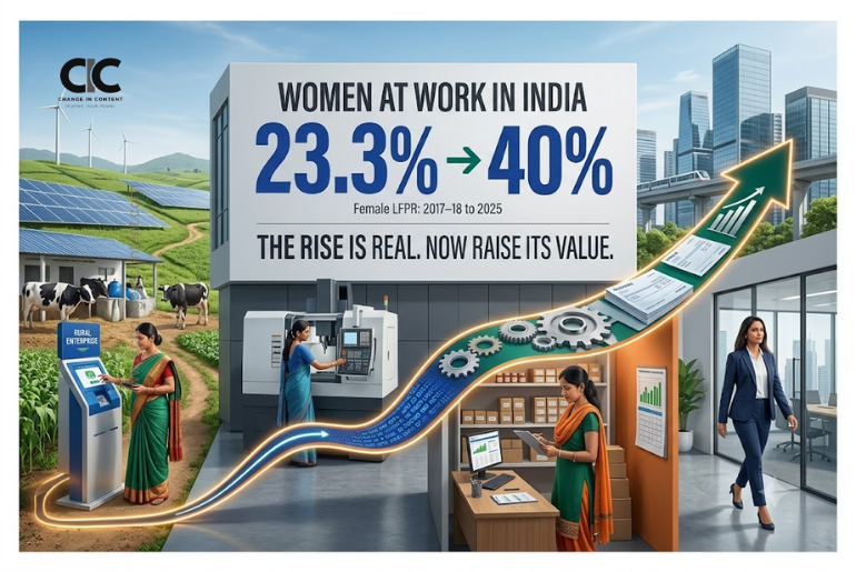 Indian women work across rural enterprise, manufacturing, self-employment and urban professional roles beside data showing female labour-force participation rising from 23.3% to 40%.