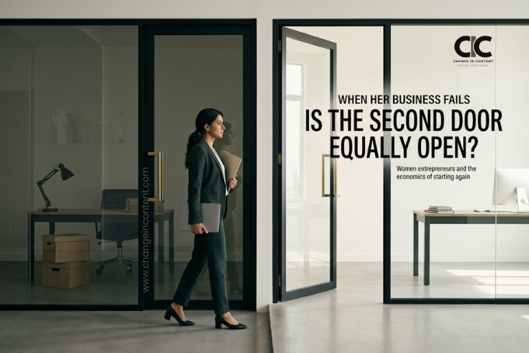 A woman entrepreneur leaves a closed former business and walks up a subtly steeper path towards a second open workspace, representing unequal access to second chances after business failure.