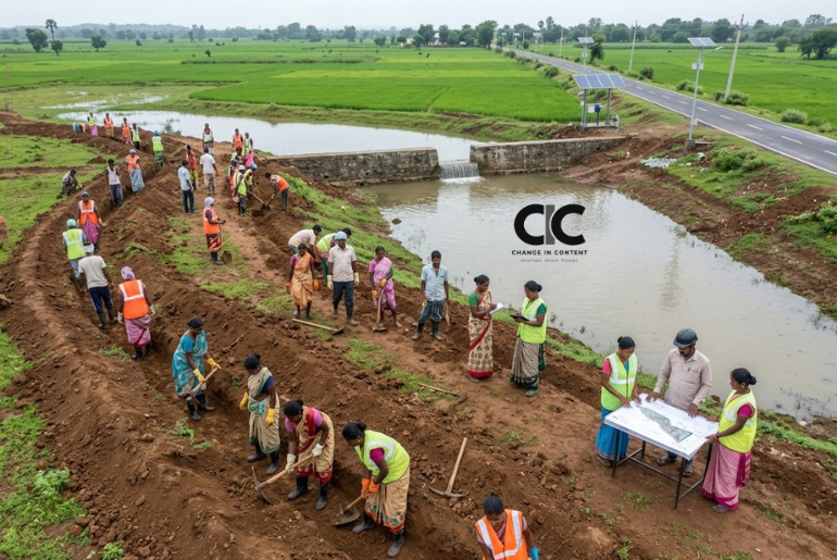 Women form most of the workforce at a modern rural water-conservation project under VB-G RAM G.