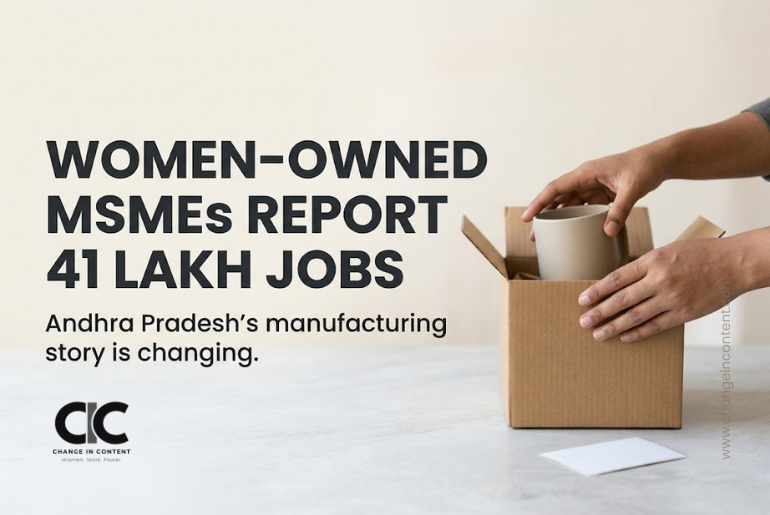 A woman entrepreneur packaging a manufactured product for sale, representing women-owned MSMEs in Andhra Pradesh.