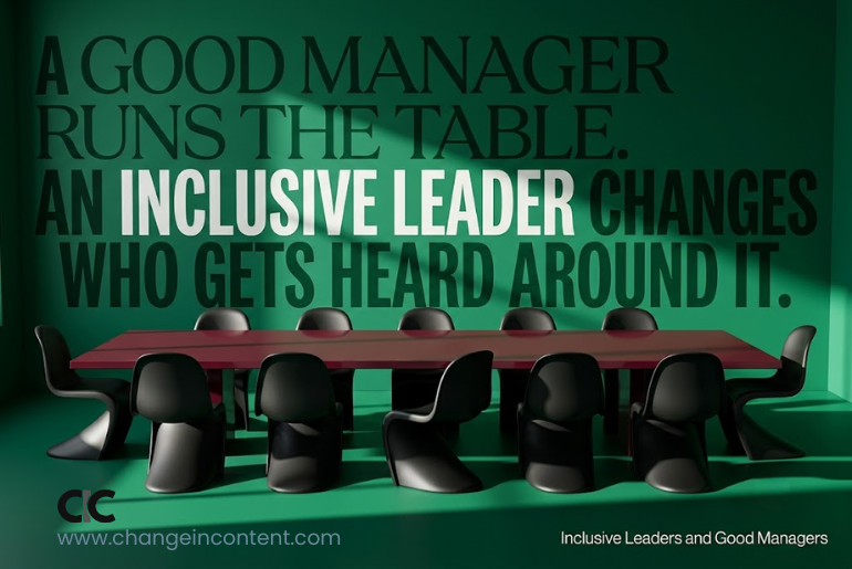 A bold green conference room contains a long table where one chair breaks from the conventional arrangement, representing inclusive leaders who reconsider how voice and opportunity are distributed.