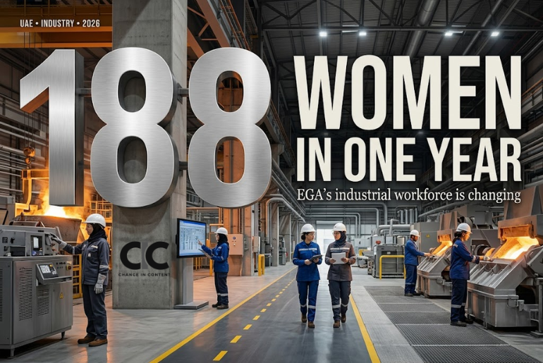 Women working in a large aluminium industrial facility beside the headline “188 Women in One Year”, representing Emirates Global Aluminium's growth in female employment.