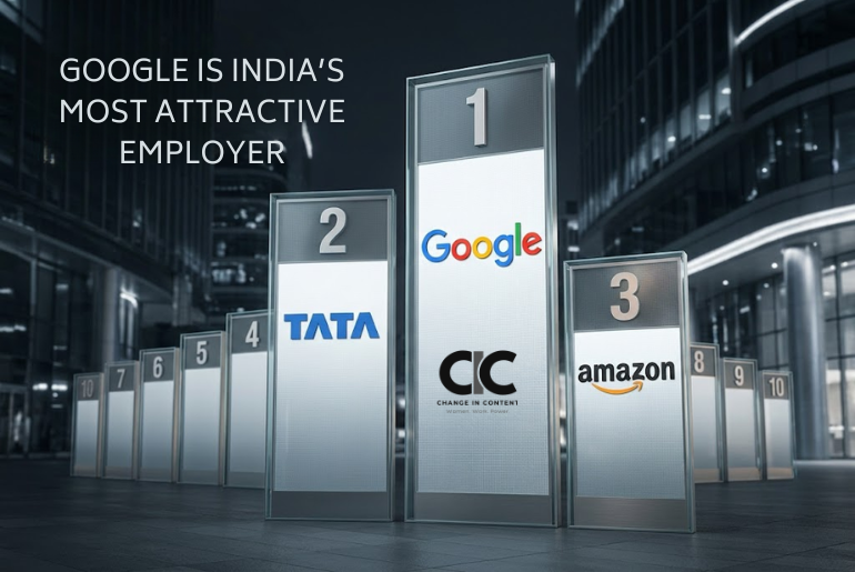 Google ranks first ahead of Tata Group and Amazon in a visual representation of India’s most attractive employer brands in REBR 2026.