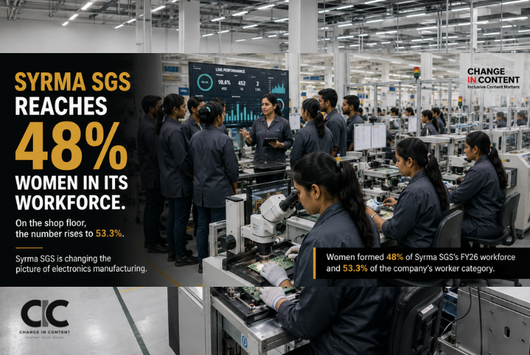 Women and men work across technical and supervisory roles inside a modern Indian electronics-manufacturing facility.