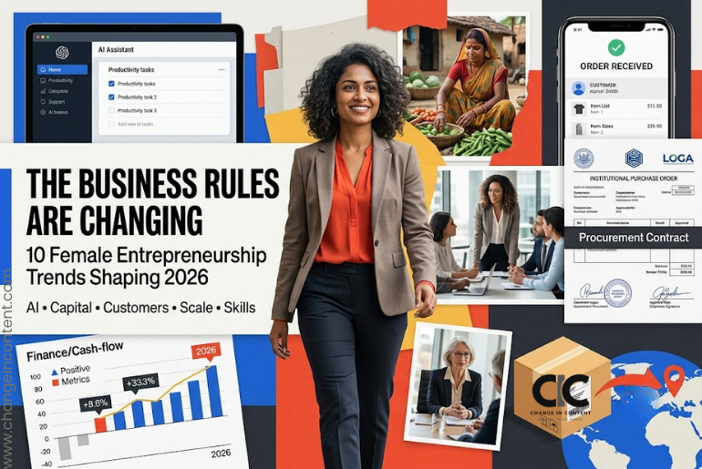 Women entrepreneurs of different ages appear alongside AI, finance, procurement and digital-commerce visuals illustrating the major female entrepreneurship trends shaping 2026.