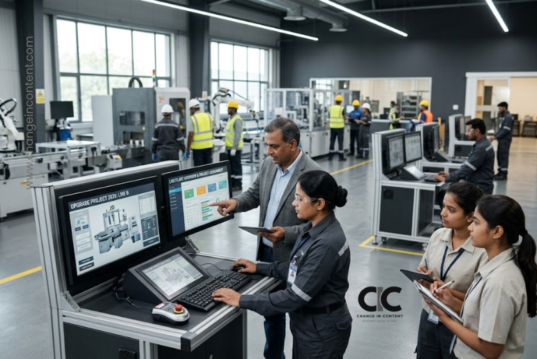 A woman technician receives advanced training and responsibility for a live industrial project at a modern Indian facility.