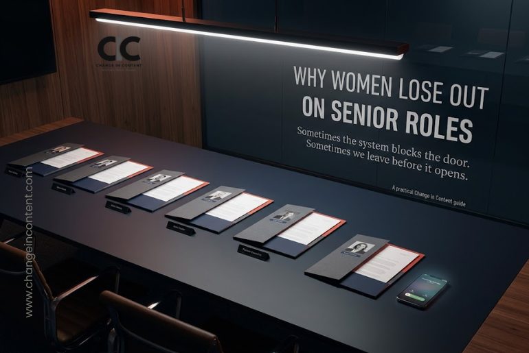 An executive-search table shows candidate folders for a senior role, with one female candidate's folder subtly moved away beside an unanswered recruiter call, representing preventable career self-elimination.