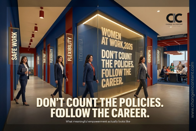 The same Indian professional woman appears across four career stages in a modern workplace surrounded by systems for safety, fair pay, flexibility, returning to work, growth and leadership.