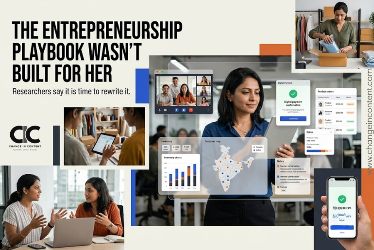 A woman entrepreneur surrounded by digital business tools, online mentoring, payments and e-commerce activity, illustrating new research on women entrepreneurship theory and digital workplace innovation.