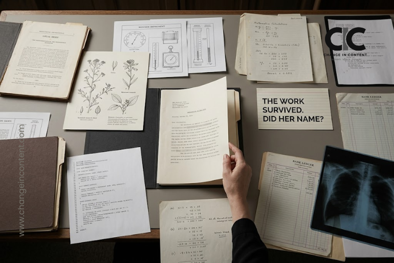 Historical work documents, scientific notes, calculations and a bank ledger on an archive table, symbolising women whose professional contributions survived while their names faded from popular history.