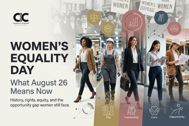 Editorial collage representing Women’s Equality Day, combining suffrage history, modern working women, and themes of equality, work, and opportunity.