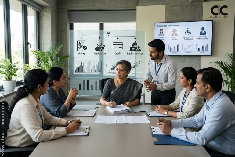 A woman AI-policy leader and a multidisciplinary team test an artificial-intelligence system for gender bias across hiring, health, credit and public services.