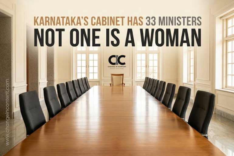 An empty chair at the end of a formal Cabinet table representing the absence of women from Karnataka’s Council of Ministers.