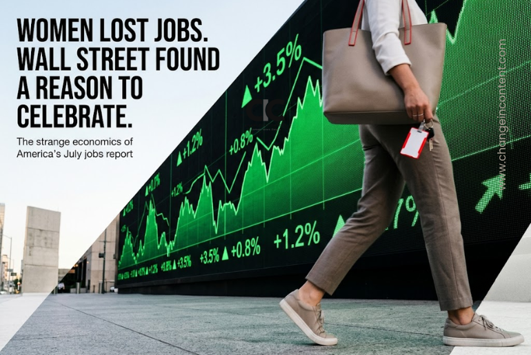 A woman leaves a workplace beneath a rising green market display, representing women’s US job losses in July alongside a Wall Street rally.