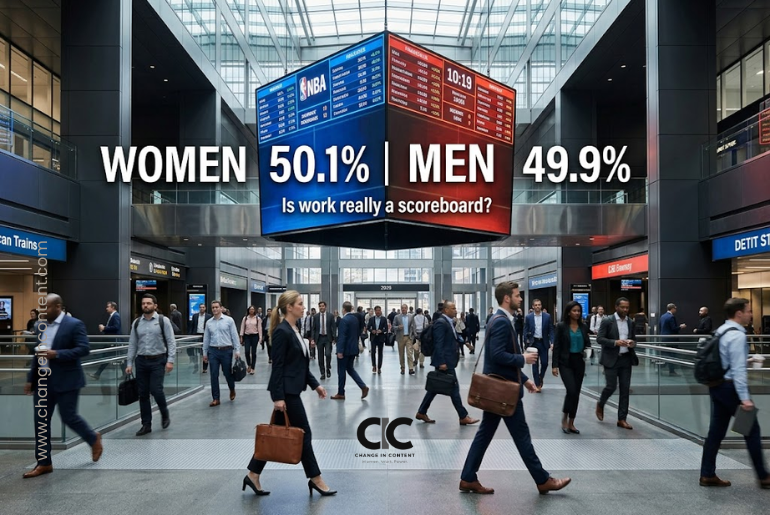 Women and men commute beneath a large digital scoreboard showing women holding 50.1% of US nonfarm payroll jobs, illustrating why employment equality cannot be judged by headcount alone.