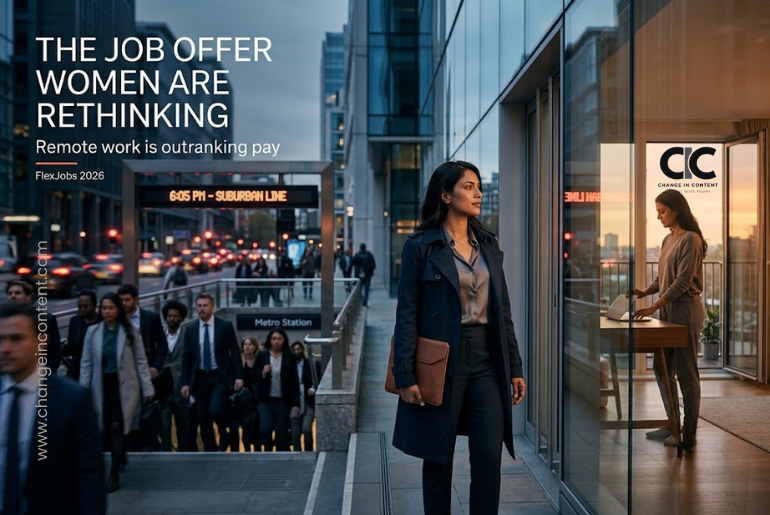 A professional woman leaving a city office faces a busy evening commute while a reflected alternative shows her ending a remote working day at home, illustrating why women increasingly value remote work.