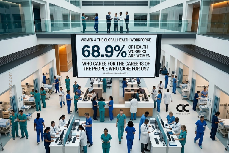 A predominantly female global health workforce works across a modern hospital floor beneath a sparsely populated executive level, alongside data showing women comprise 68.9% of health workers.