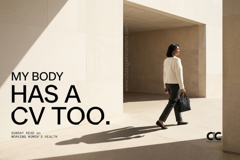 A midlife working woman walking through a sunlit architectural space, with her long shadow subtly suggesting different stages of a woman's life.