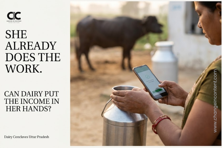 A rural woman at a milk collection point holds a milk can while checking a digital payment, representing the opportunity to turn women's dairy labour into direct income.