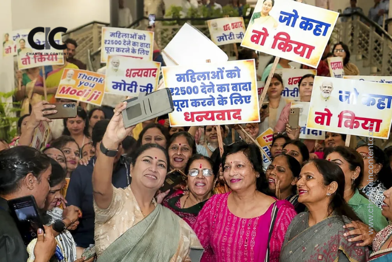 Rekha Gupta celebrating the launch of Delhi's monthly payout scheme.