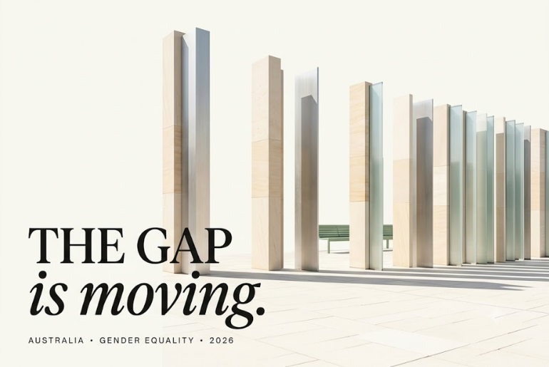 Abstract architectural columns progressively moving closer together, representing the narrowing workplace gender gap in Australia.