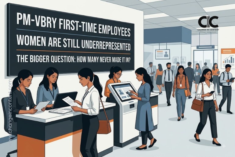 Young Indian women at a modern employment registration and job-support setting, with a digital display highlighting the underrepresentation of women among PM-VBRY first-time employees.