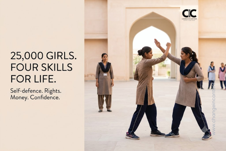 College students in Rajasthan practising self-defence during a Rani Laxmi Bai Kendra training session.
