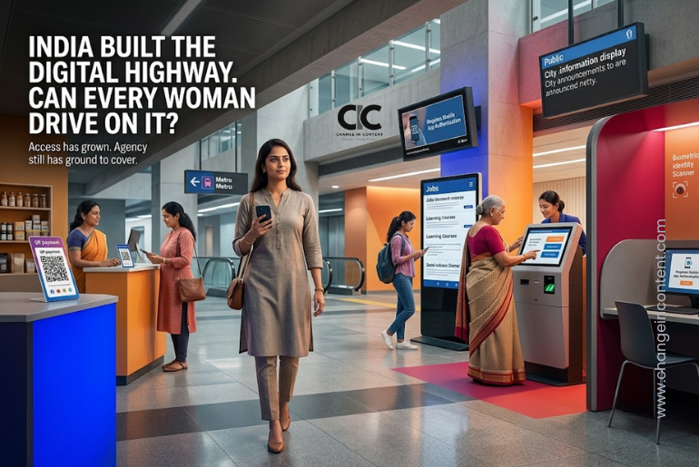 Indian women of different ages use digital payments, public-service kiosks and mobile technology in a modern public space, illustrating progress and remaining gender gaps in India’s digital policy.
