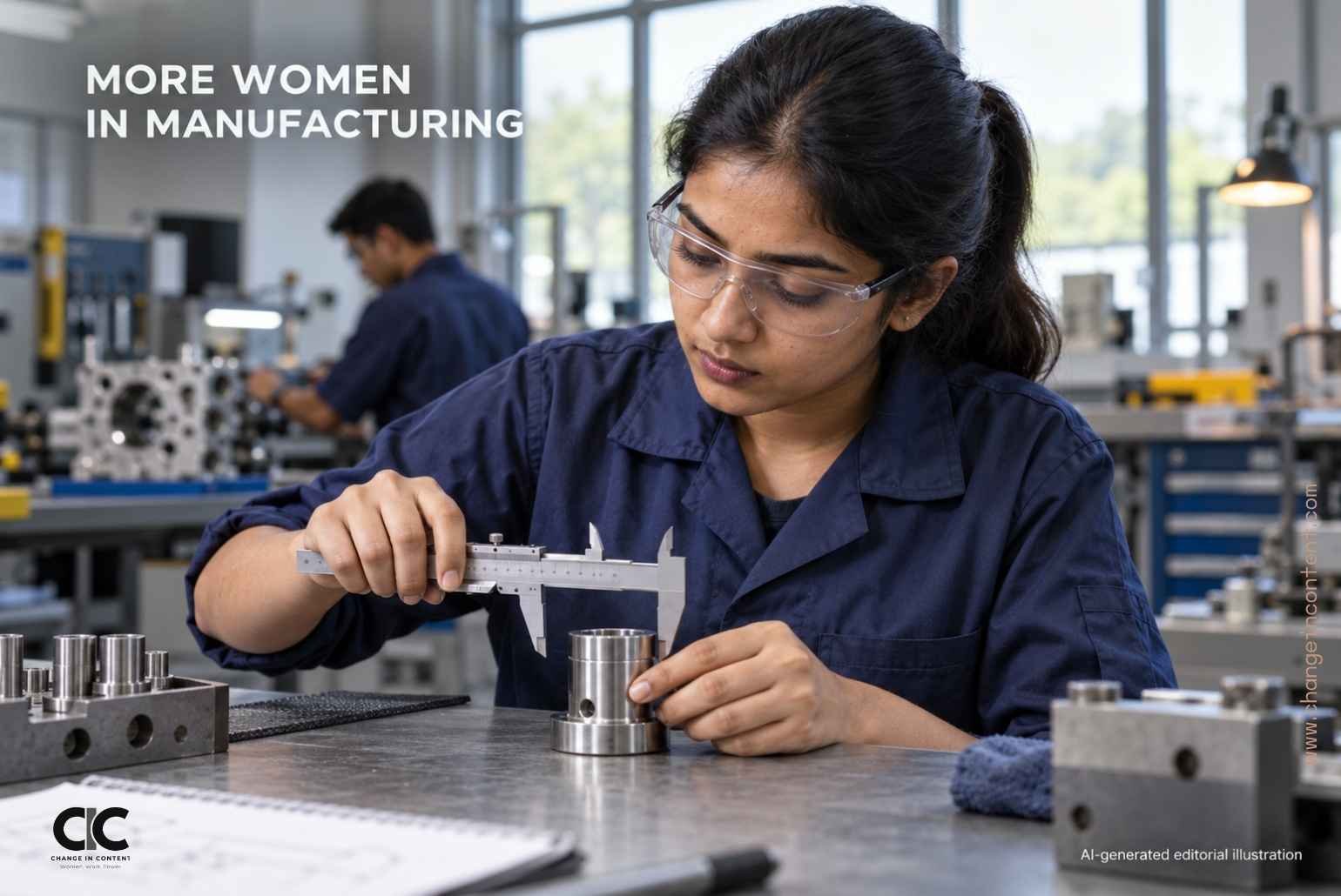 AI-generated illustration of a woman trainee measuring a metal component, with the words “More women in manufacturing”.