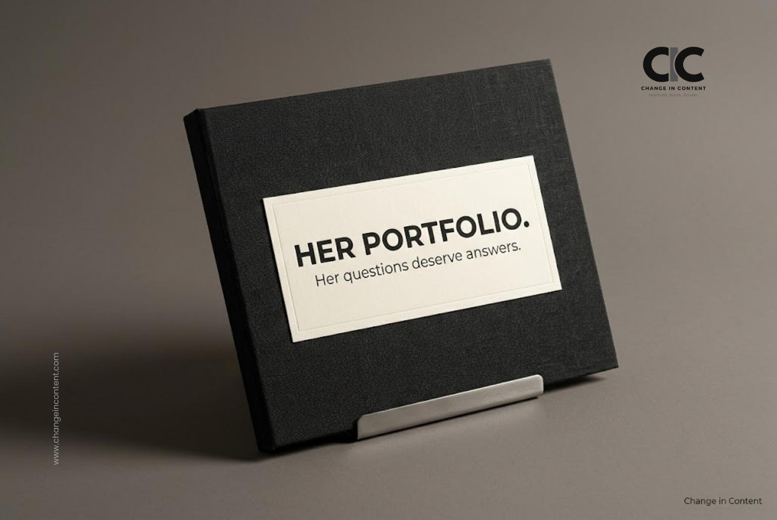 Charcoal portfolio folder labelled “Her portfolio. Her questions deserve answers.”