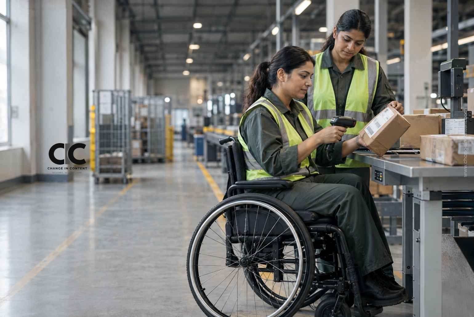 Two women check a parcel at a warehouse scanning station; one works from a wheelchair at an adjustable-height desk.