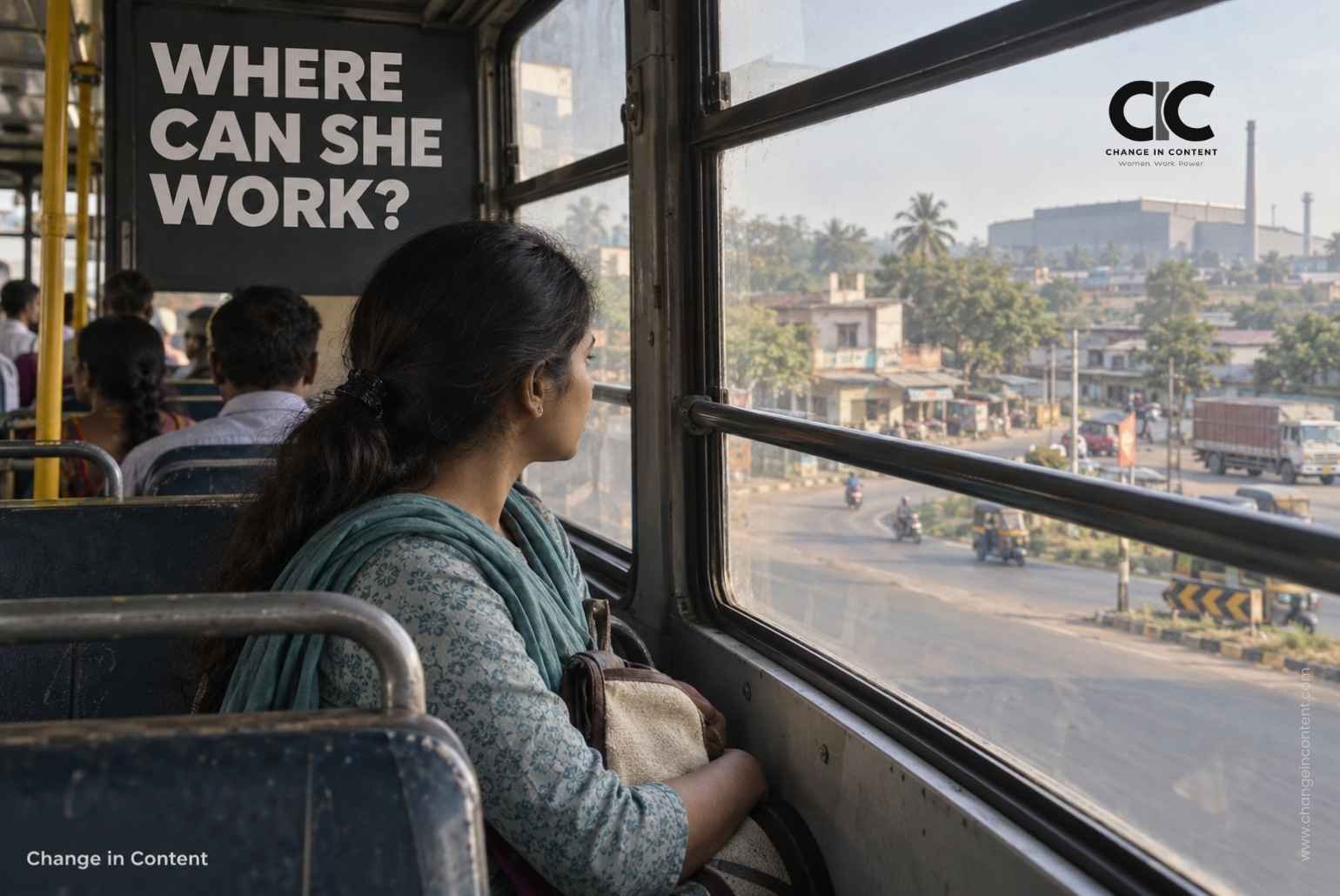 Conceptual image of a woman travelling on an Indian bus, with homes and an industrial building outside and the headline “Where can she work?”