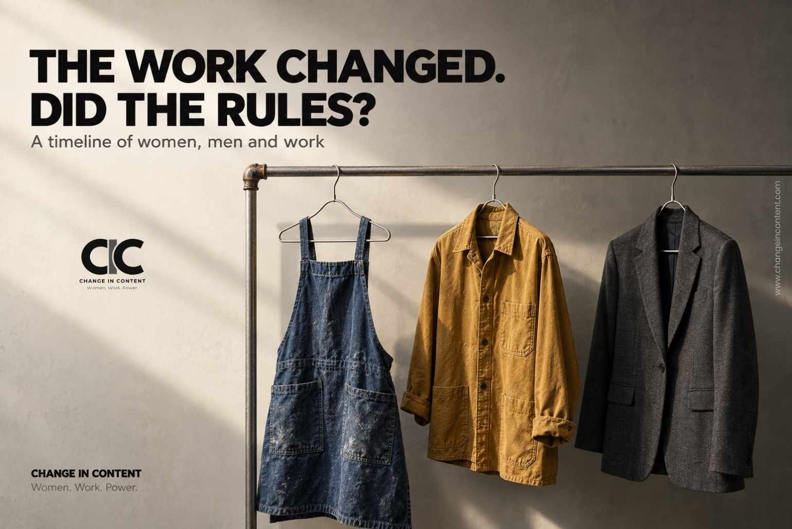 Editorial still life of an apron, industrial overshirt and tailored jacket, with the headline “The work changed. Did the rules?”