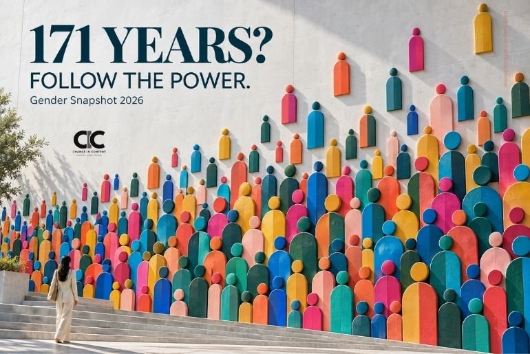 A colourful field of abstract human figures becomes progressively thinner towards the top, representing how women’s representation narrows as institutional power increases in the Gender Snapshot 2026.