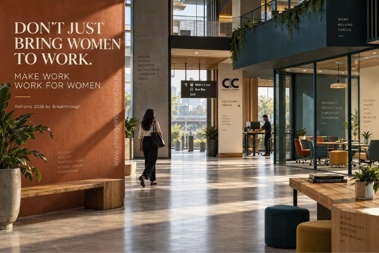 A woman enters a thoughtfully designed Indian workplace with flexible spaces, childcare and mobility cues, representing Reframe 2026’s focus on making work systems more inclusive.