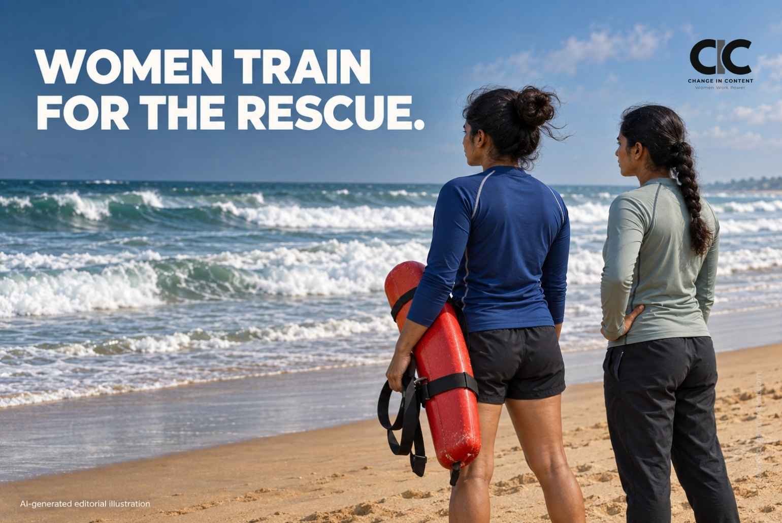 AI-generated illustration of two women lifeguard trainees observing the surf, with the words “Women train for the rescue”.