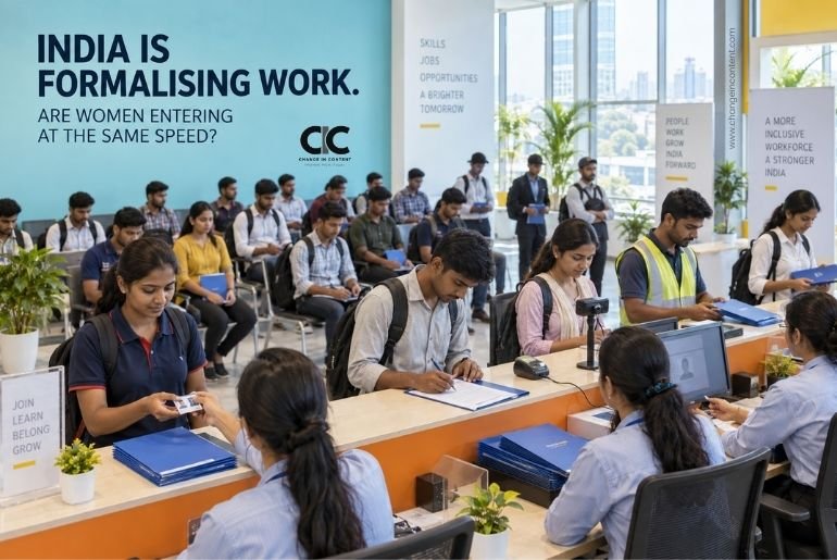 Young Indian workers completing employee onboarding and receiving workplace IDs, representing the expansion of formal employment and the lower representation of women in flexi staffing.