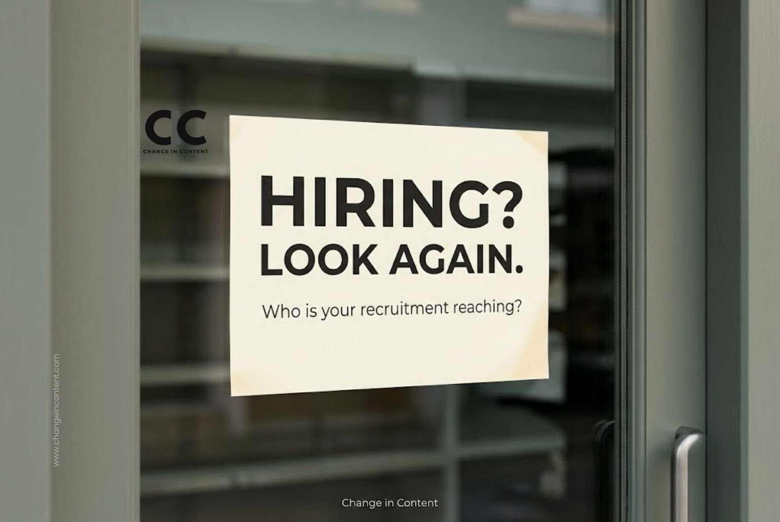 Conceptual shop-window notice asking, “Hiring? Look again. Who is your recruitment reaching?”