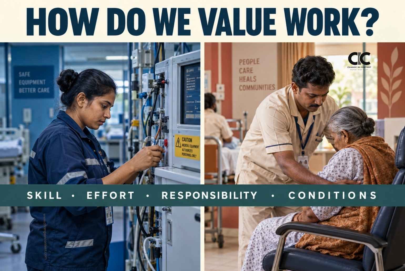 A hospital technician and a care worker alongside the question “How do we value work?” and four job-assessment factors.
