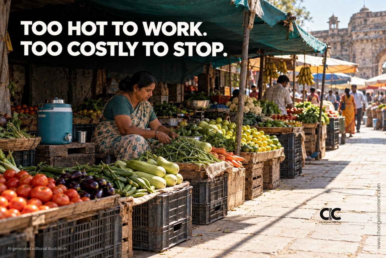 AI-generated illustration of a woman vendor resting in the shade beside her stall, with the headline “Too hot to work. Too costly to stop.”