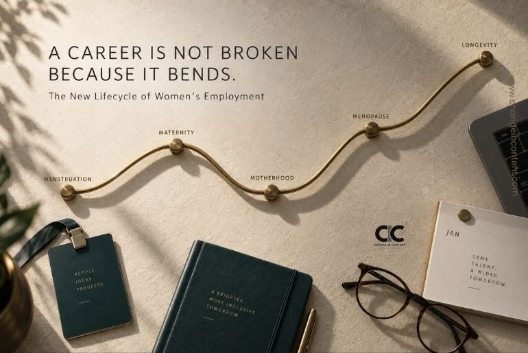 A sculptural brass line bends and rises across a cream background, with small markers for menstruation, maternity, motherhood, menopause and longevity, symbolising the non-linear lifecycle of women’s employment.