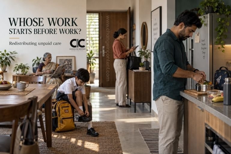 An Indian family sharing morning responsibilities before work and school, illustrating unpaid care as a shared household responsibility.
