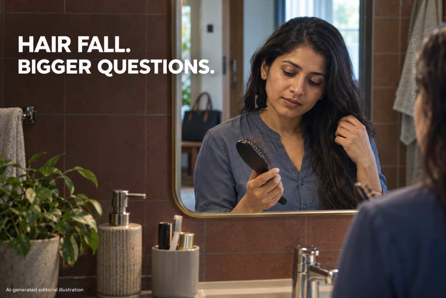 AI-generated illustration of a woman looking at her hairbrush in a bathroom mirror, beside the words “Hair fall. Bigger questions.”