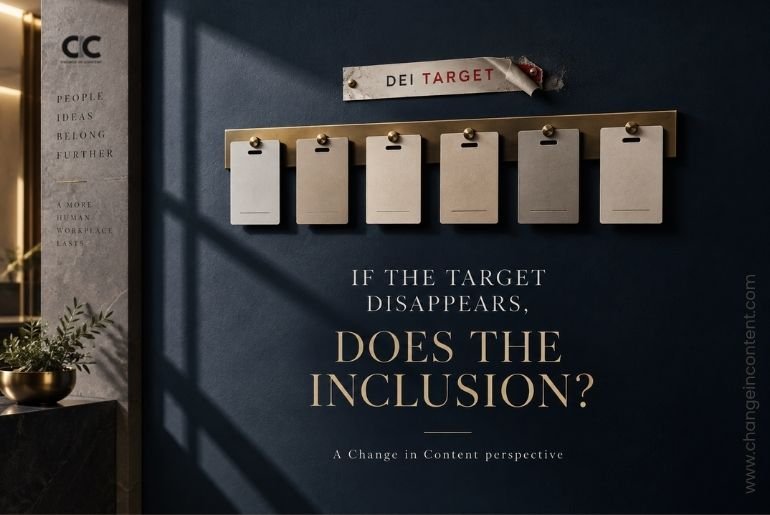 A corporate inclusion target label being peeled away while employee access cards remain in place, asking whether inclusion survives when external requirements change.