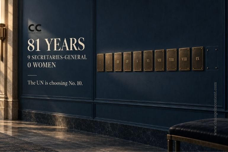 Nine institutional leadership nameplates followed by an empty tenth position, representing the UN’s nine male Secretaries-General and the ongoing selection of its next leader.
