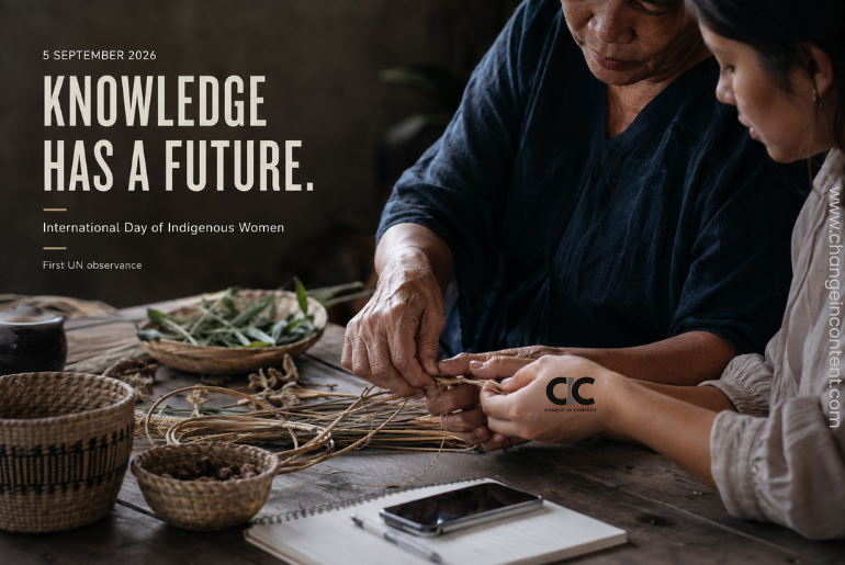 Two generations of women sharing traditional knowledge through skilled handwork, representing Indigenous women’s cultural, economic and community contributions.