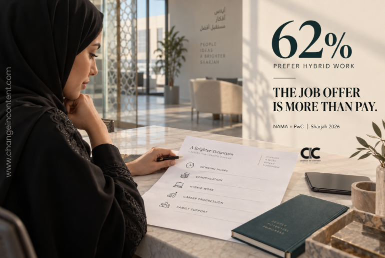 Emirati professional woman reviewing a job offer showing working hours, compensation, hybrid work and progression, reflecting factors shaping women’s career decisions in Sharjah.