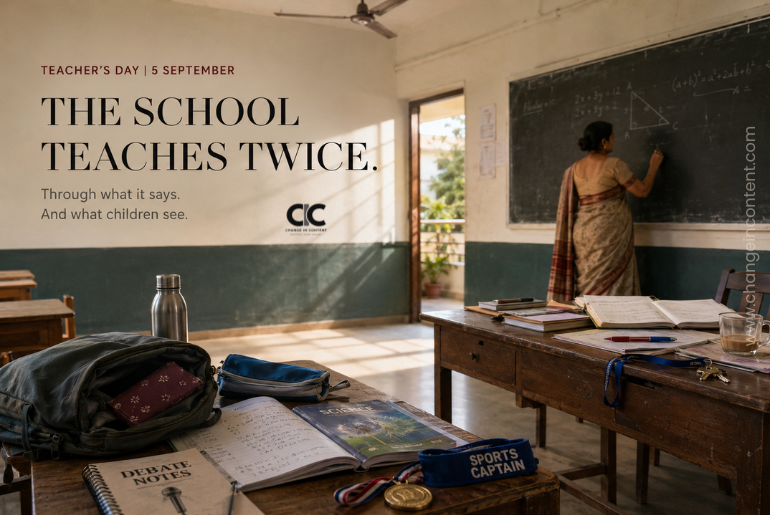 Indian classroom showing a girl student’s desk and a woman teacher’s desk, representing how schools shape girls’ ambitions while also serving as workplaces for women.